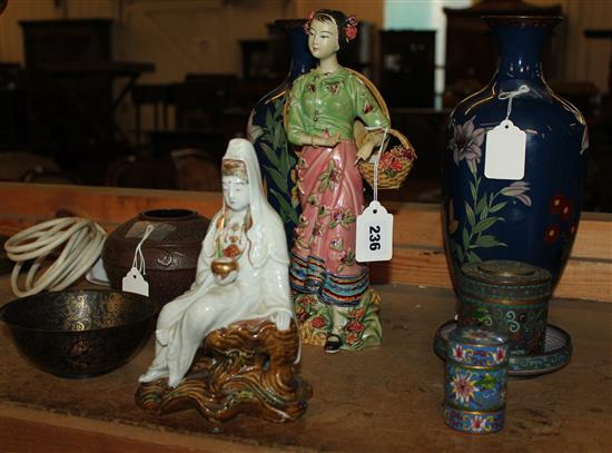 Pr cloisonne vases, porcelain figures & other Oriental items